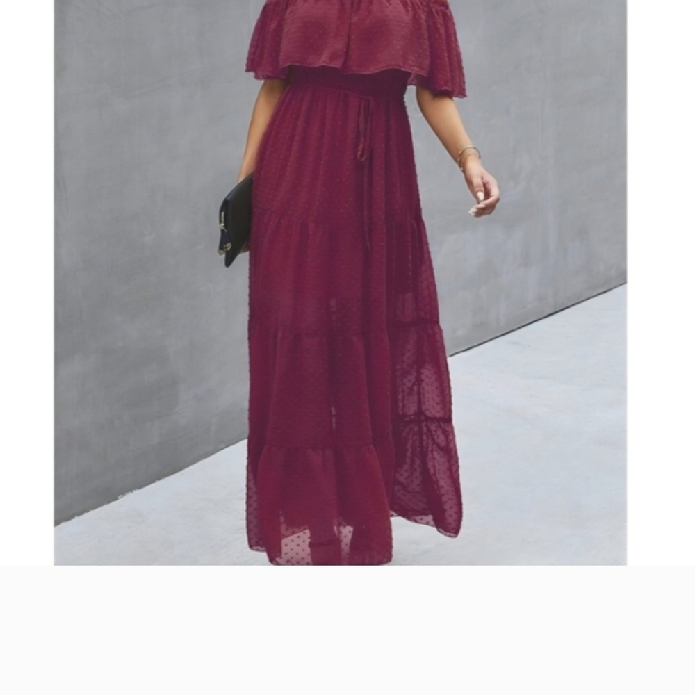 Burgandy Summer Off-Shoulder Maxi Dress Sheer - Picture 7 of 11